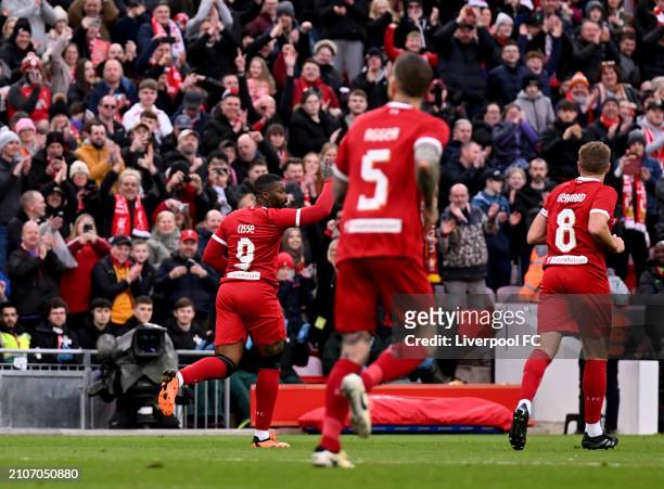 Djibril Cisse celebrates after scoring the second goal during the LFC Foundation charity match between Liverpool FC Legends and AFC Ajax Legends at...