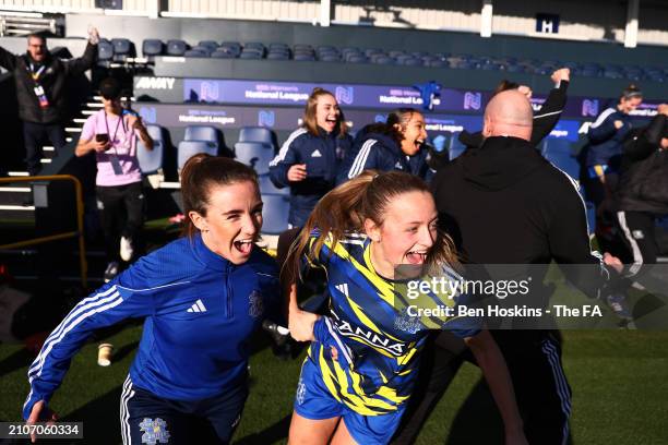 Emma Samways and Macey Nicholls of Hashtag United celebrate victory in the FA Women's National League Cup Final between Newcastle United and Hashtag...