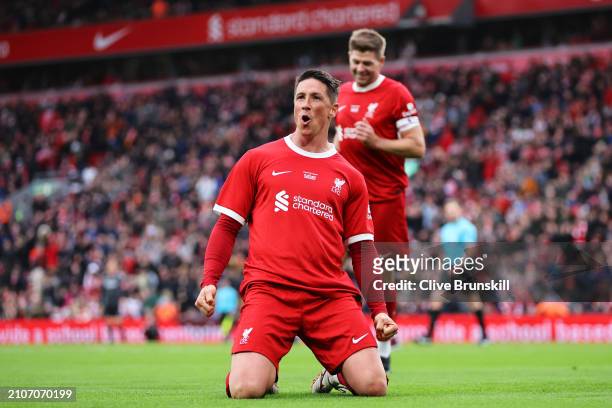 Fernando Torres of Liverpool Legends celebrates scoring his team's fourth goal during the LFC Foundation charity match between Liverpool FC Legends...
