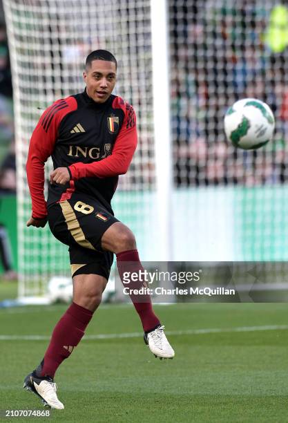 Youri Tielemans of Belgium warms up prior to the international friendly match between Republic of Ireland and Belgium at Aviva Stadium on March 23,...