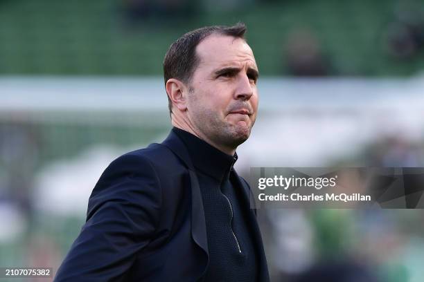 John O'Shea, Interim Head Coach of Republic of Ireland, looks on during the warm up prior to the international friendly match between Republic of...