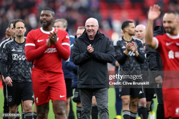 Sven-Goran Eriksson, Manager of Liverpool Legends, applauds the fans after the team's victory during the LFC Foundation charity match between...