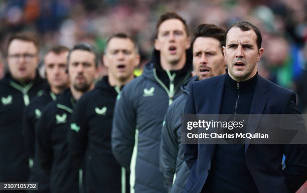 John O'Shea, Interim Head Coach of Republic of Ireland, stands for the national anthem prior to the international friendly match between Republic of...