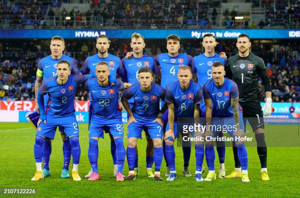 Players of Slovakia pose for a team photograph prior to the international friendly match between Slovakia and Austria at National Football stadium on...