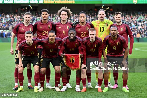 Players of Belgium pose for a team photograph prior to the international friendly match between Republic of Ireland and Belgium at Aviva Stadium on...