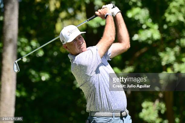 Stewart Cink of the United States plays his shot from the third tee during the third round of the Valspar Championship at Copperhead Course at...
