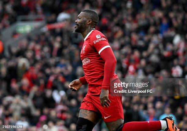 Djibril Cisse of Liverpool celebrates his goal during the LFC Foundation charity match between Liverpool FC Legends and AFC Ajax Legends at Anfield...