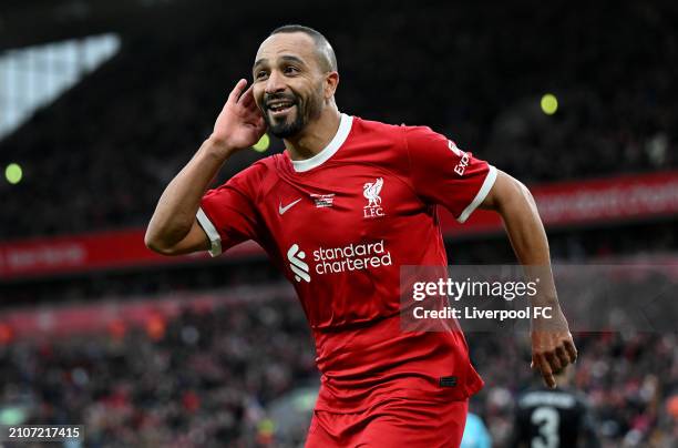 Nabil El Zhar of Liverpool celebrates scoring during the LFC Foundation charity match between Liverpool FC Legends and AFC Ajax Legends at Anfield on...