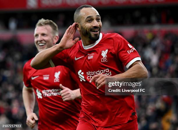 Nabil El Zhar of Liverpool celebrates scoring during the LFC Foundation charity match between Liverpool FC Legends and AFC Ajax Legends at Anfield on...