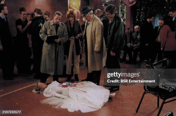 Piet Romer, Hans Karsenbarg, Victor Reinier and Marian Mudder in the TV series Baantjer, episode De Cock en de XTC-moord, with actress Esther Way as...