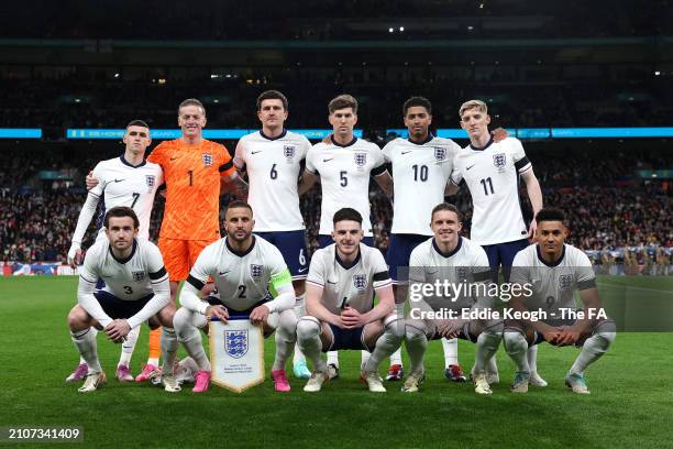 Players of England pose for a team photo prior to the international friendly match between England and Brazil at Wembley Stadium on March 23, 2024 in...