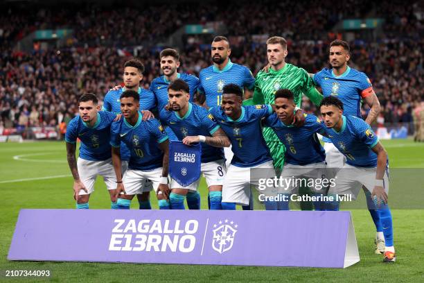 Players of Brazil pose for a team photograph prior to the international friendly match between England and Brazil at Wembley Stadium on March 23,...