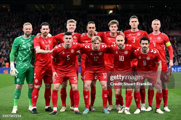 Denmark players pose for a team photograph prior to the international friendly match between Denmark and Switzerland at Parken Stadium on March 23,...