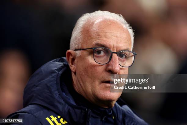 Silvestre Dorival Junior, Head Coach of Brazil, looks on prior to the international friendly match between England and Brazil at Wembley Stadium on...