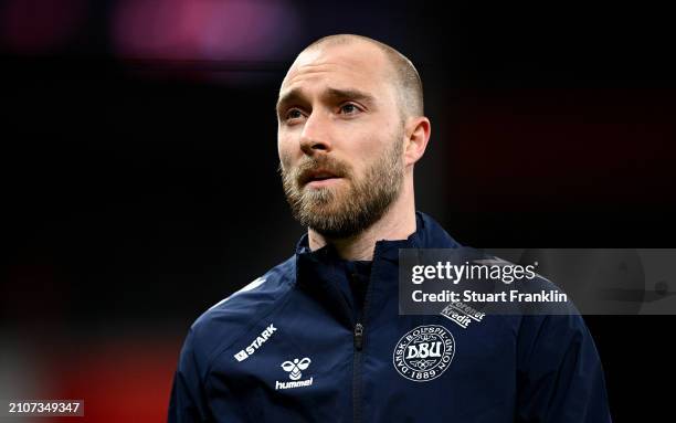 Christian Eriksen of Denmark looks on prior to the international friendly match between Denmark and Switzerland at Parken Stadium on March 23, 2024...