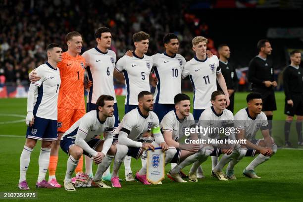 Players of England pose for a team photograph prior to the international friendly match between England and Brazil at Wembley Stadium on March 23,...