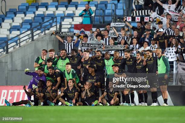 Players of Castellon celebrates victory with supporters after the game primera RFEF match between Real Madrid Castilla and Castellon at Estadio...