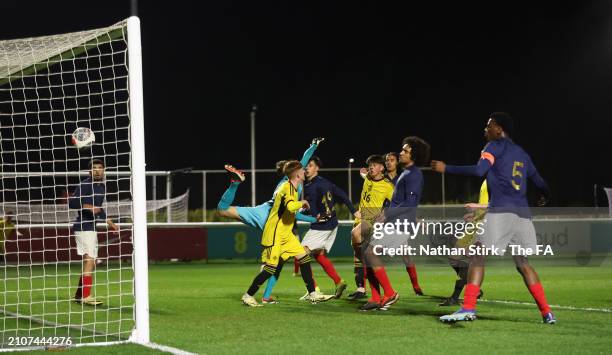 Dylan Stitt of Northern Ireland scores their first goal during the Under-17 EURO Elite Round match between France and Northern Ireland at St George's...