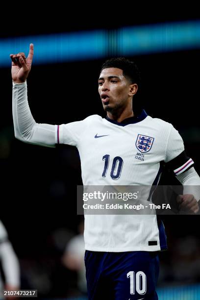 Jude Bellingham of England reacts during the international friendly match between England and Brazil at Wembley Stadium on March 23, 2024 in London,...