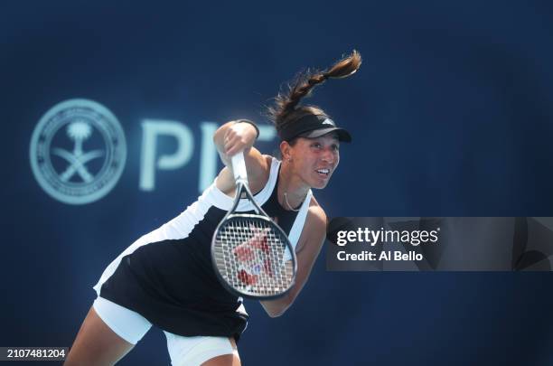 Jessica Pegula serves against Lin Zhu of China during their match on day 8 of the Miami Open at Hard Rock Stadium on March 23, 2024 in Miami Gardens,...