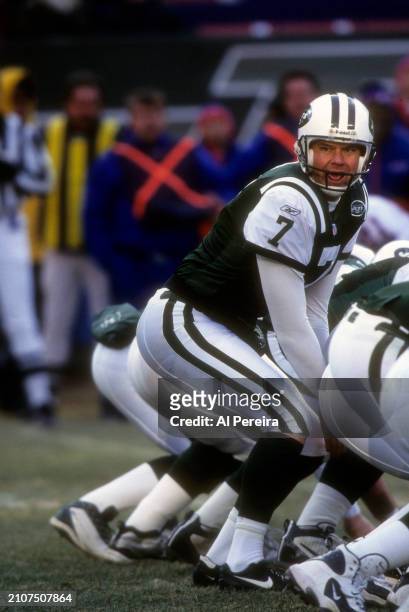 Quarterback Tom Tupa of the New York Jets calls a play in the game between the New England Patriots vs the New York Jets on December 2, 2001 at The...