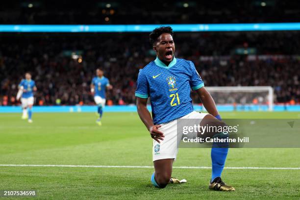 Endrick of Brazil celebrates scoring his team's first goal during the international friendly match between England and Brazil at Wembley Stadium on...