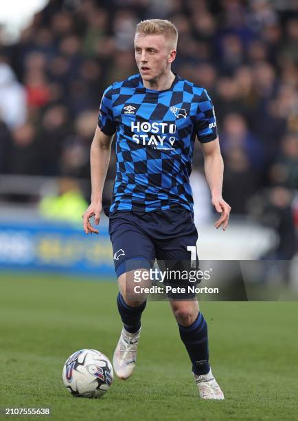 Louie Sibley of Derby County in action during the Sky Bet League One match between Northampton Town and Derby County at Sixfields on March 23, 2024...