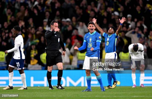 Pablo Maia of Brazil celebrates victory in the international friendly match between England and Brazil at Wembley Stadium on March 23, 2024 in...
