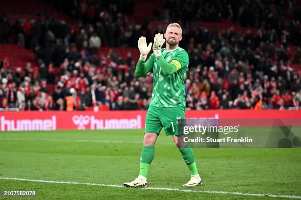 Kasper Schmeichel of Denmark acknowledges the fans on his 100th game for Denmark during the international friendly match between Denmark and...