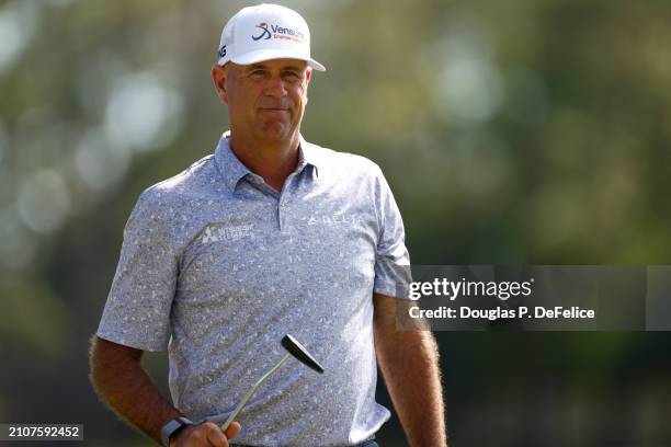 Stewart Cink of the United States reacts on the 13th green during the third round of the Valspar Championship at Copperhead Course at Innisbrook...