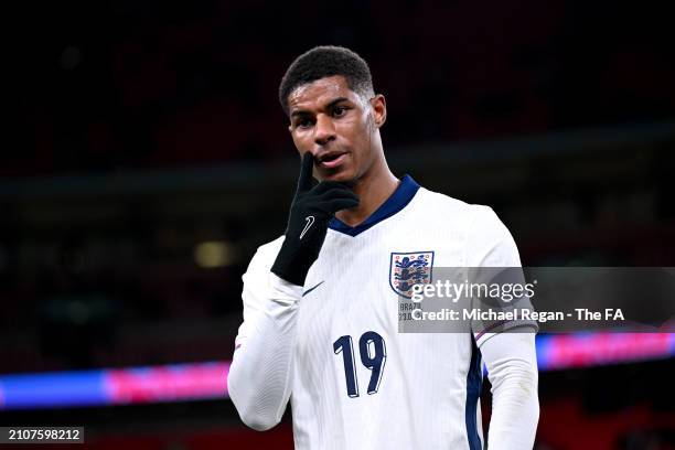 Marcus Rashford of England looks on following the international friendly match between England and Brazil at Wembley Stadium on March 23, 2024 in...