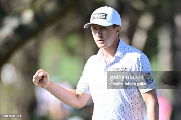 Mackenzie Hughes of Canada reacts to his putt on the 16th green during the third round of the Valspar Championship at Copperhead Course at Innisbrook...