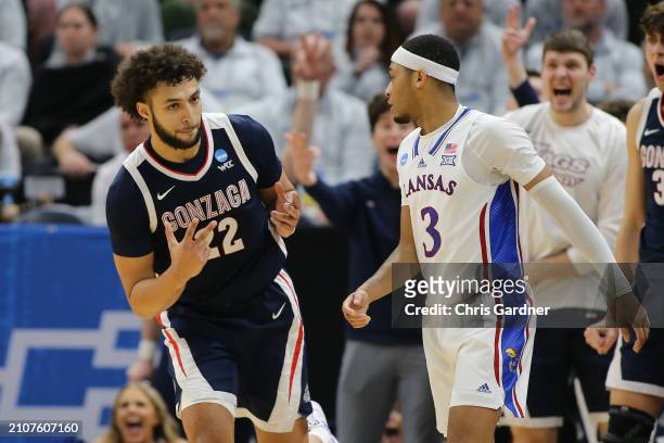 Anton Watson of the Gonzaga Bulldogs celebrates during the second half against the Kansas Jayhawks in the second round of the NCAA Men's Basketball...