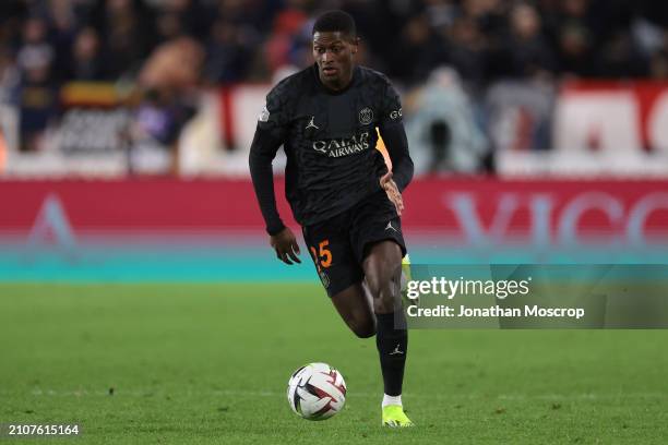 Nuno Alexandre Tavares Mendes of PSG during the Ligue 1 Uber Eats match between AS Monaco and Paris Saint-Germain at Stade Louis II on March 01, 2024...