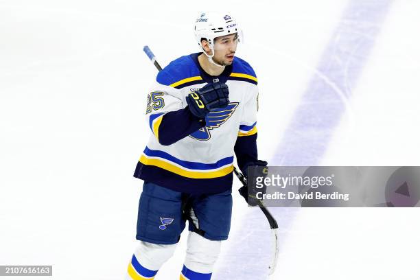Jordan Kyrou of the St. Louis Blues celebrates his goal against the Minnesota Wild in the third period at Xcel Energy Center on March 23, 2024 in St...