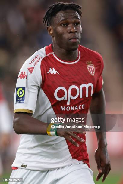 Wilfried Singo of AS Monaco during the Ligue 1 Uber Eats match between AS Monaco and Paris Saint-Germain at Stade Louis II on March 01, 2024 in...