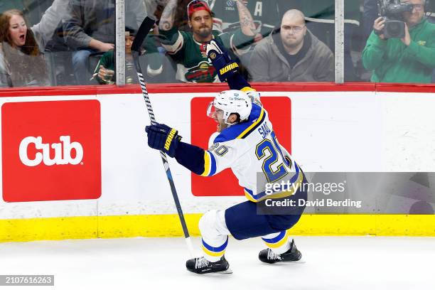 Brandon Saad of the St. Louis Blues celebrates his game-winning goal against the Minnesota Wild during overtime at Xcel Energy Center on March 23,...