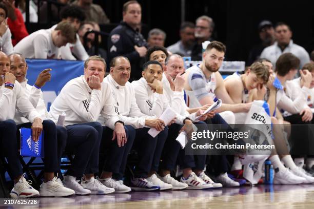 Head coach Bill Self and the Kansas Jayhawks bench reacts during the second half against the Gonzaga Bulldogs in the second round of the NCAA Men's...