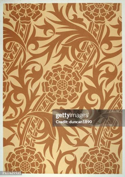 victorian brocade pattern, floral, polychromatic decoration in medieval styles, history decorative arts - flower head stock illustrations