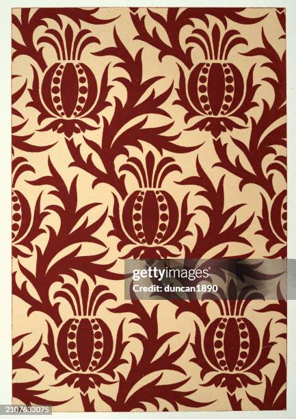victorian brocade pattern, thistle, polychromatic decoration in medieval styles, history decorative arts - brocade stock illustrations