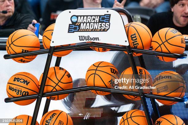 Basketball rack with the March Madness logo sits on the court before the Oregon State Beavers and Eastern Washington Eagles 2024 NCAA Womens...