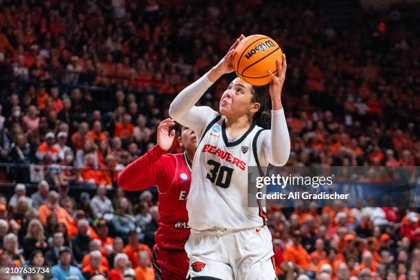 Forward Timea Gardiner of the Oregon State Beavers attempts a basket during the fourth quarter of the 2024 NCAA Womens Basketball Tournament first...