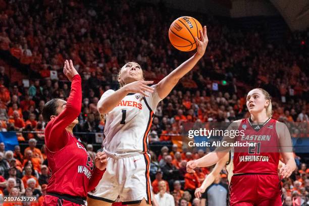 Guard Kennedie Shuler of the Oregon State Beavers goes for a layup during the third quarter of the 2024 NCAA Womens Basketball Tournament first round...