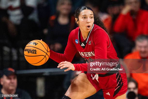 Guard Jaleesa Lawrence of the Eastern Washington Eagles looks down court after getting a rebound during the second quarter of the 2024 NCAA Womens...