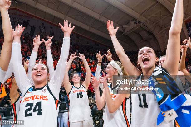 The Oregon State Beavers react after their 73-51 victory over the Eastern Washington Eagles during a 2024 NCAA Womens Basketball Tournament first...