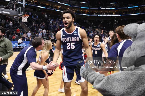 Colby Brooks of the Gonzaga Bulldogs celebrates defeating the Kansas Jayhawks 89-68 during the second half in the second round of the NCAA Men's...