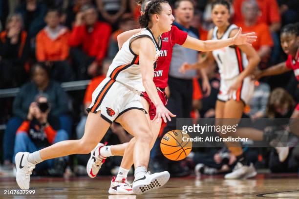 Guard AJ Marotte of the Oregon State Beavers dribbles the ball during a 2024 NCAA Womens Basketball Tournament first round game against the Eastern...