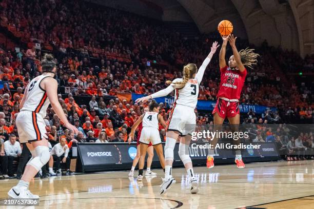 Guard Aaliyah Alexander of the Eastern Washington Eagles shoots the ball over guard Dominika Paurová of the Oregon State Beavers during the second...