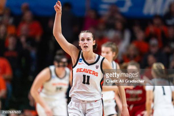 Guard AJ Marotte of the Oregon State Beavers points towards the crowd after making a three-point shot during a 2024 NCAA Womens Basketball Tournament...