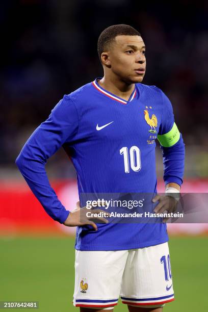 Kylian Mbappe of France looks on during the international friendly match between France and Germany at Groupama Stadium on March 23, 2024 in Lyon,...